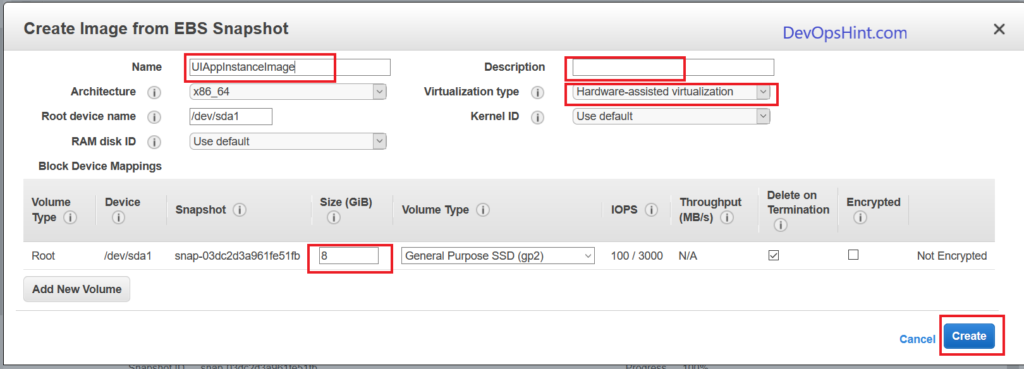 name of Image and description select virtulization type Hardware assisted virtulization and click on create