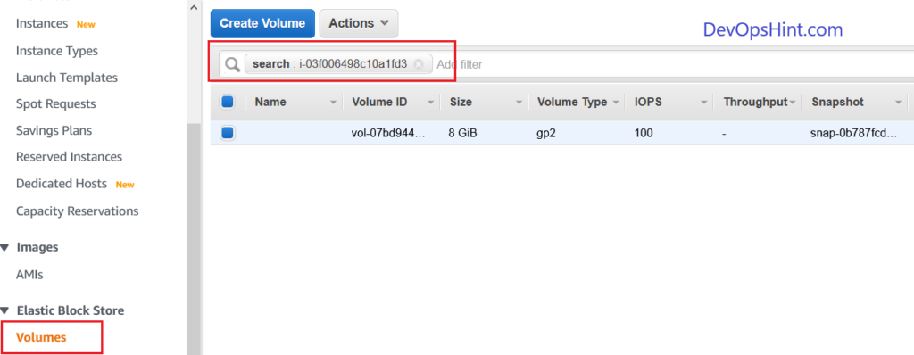 paste the Instance ID In aws Volumes search box 2