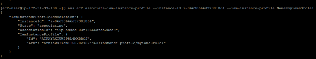 Assign role myiams3role1 to EC2 instance using CLI 1