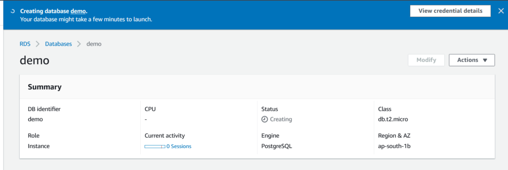 click on DB identifier and status is creating