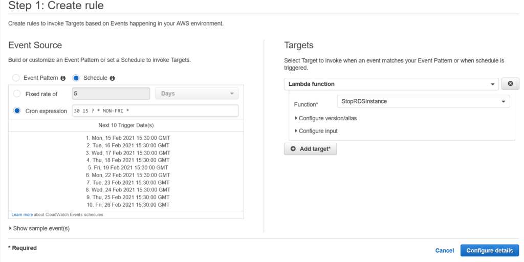 cloudwatch rule and add target 4