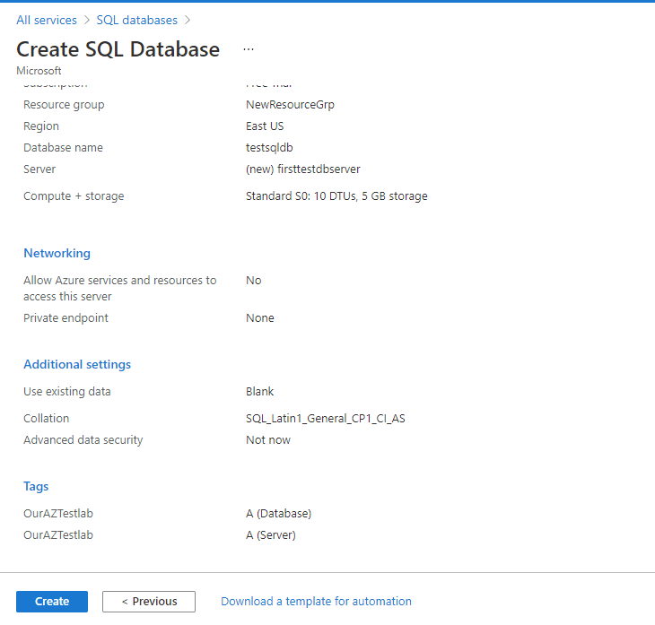 create azure sql db 9