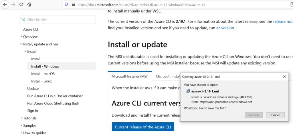 download the latest azure cli and click on save file 1