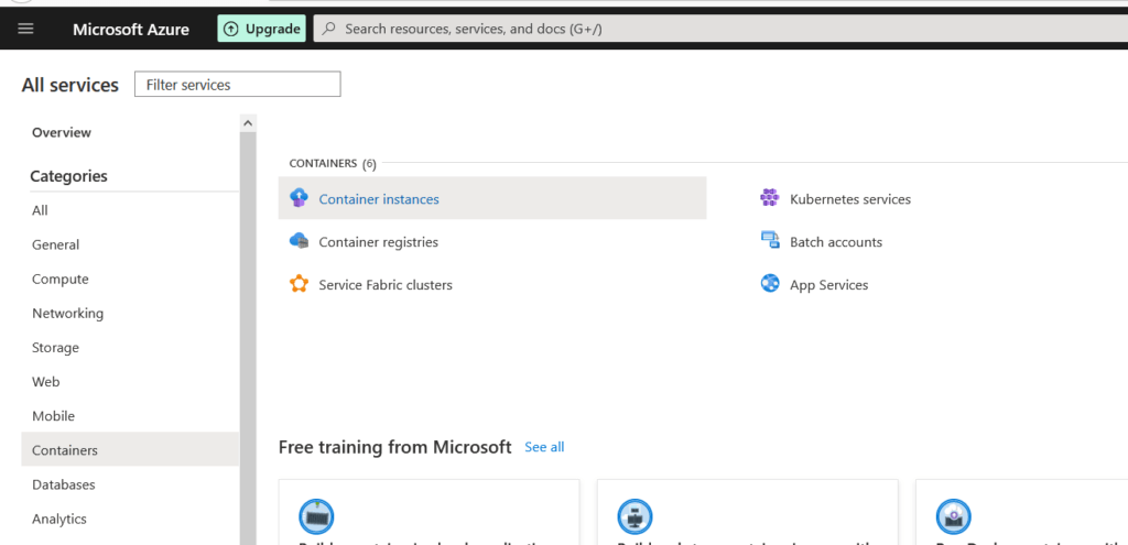 login to azure click on all services click on containers 1