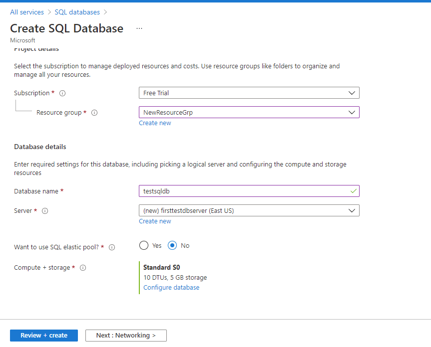 select subscription resource group db name server type 3