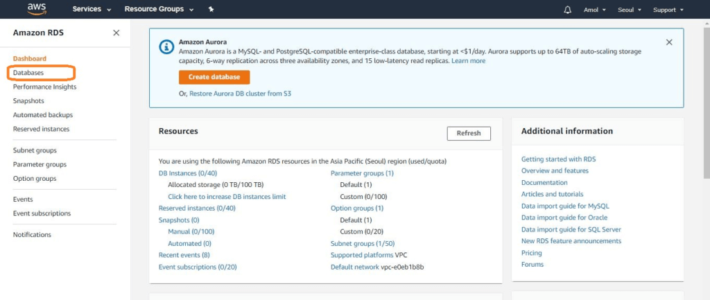 click Databases. Then click Create Database 2 1