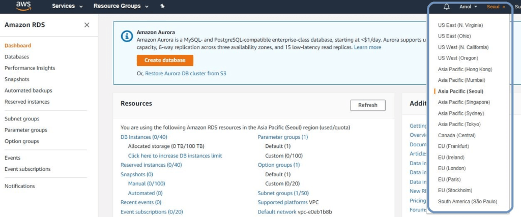 select the Region in which you want to create the DB instance 1 1