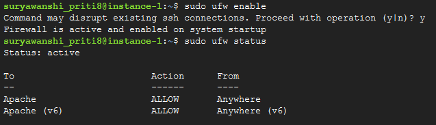 ufw enable n status