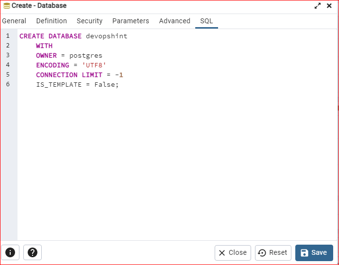 sql tab new db