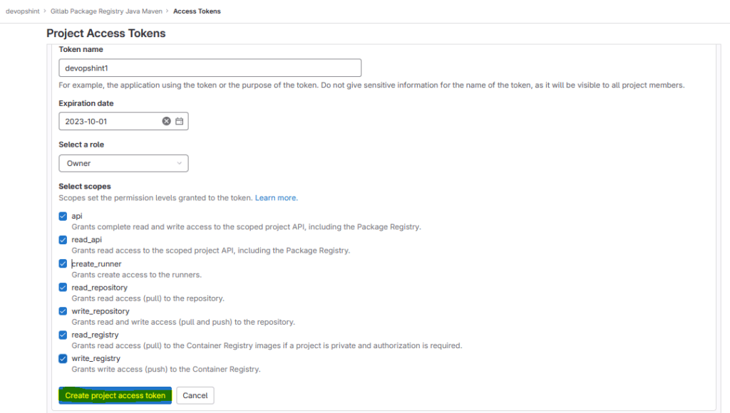 create project access token