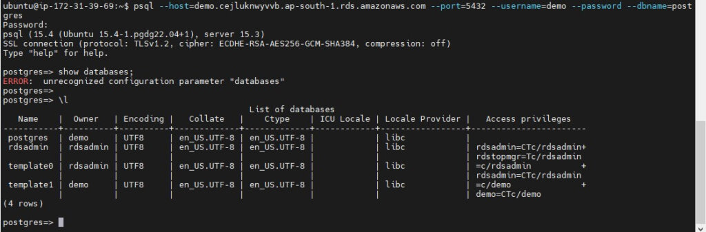 database command for running instance